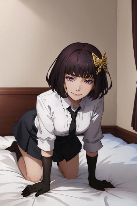 (masterpiece, best quality:1.2), solo, 1girl, yosano akiko, evil smile, looking at viewer, all fours, butterfly hair ornament, white shirt, black necktie, black gloves, black skirt, bed <lora:bsd_yosano_v11:1.0>