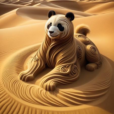 sandswirl, swirling sand, A panda wearing full-body Camel costume made of sand at the desert, detailed costume, camel shape costume, beige costume, realistic swirling sand textures, intricate sand spirals patterns, dynamic pose, vibrant colors, detailed environment, desert ambiance, panda at the desert
