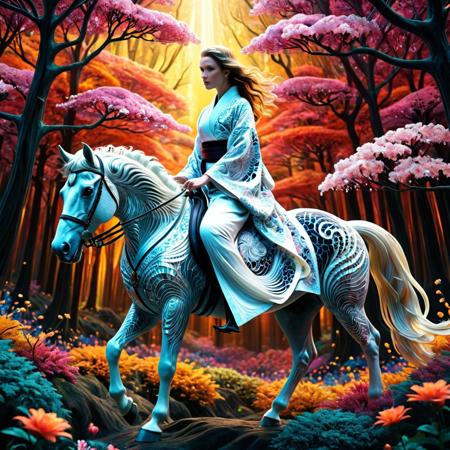 Fractangles, made out of fractangles, A breathtaking cinematic tableau: an intricate lacework of fractangles shapes the form of a striking white woman—Alexandra Roland—clad in an oversized, flowing kimono. She rides gracefully atop a majestic horse, surrounded by trees that bloom like ethereal Japanese flowers. The composition, elegant and surreal, feels lifted from a fantasy painting by Gianloch Leiart, curated with the precision of Albert Itzweizman. Rendered with the texture of vintage 2000s RAW film, the scene is soaked in cinematic color grading, sharp focus, and dynamic movement. Film grain adds depth and authenticity, while the widescreen cinemascope format frames every detail in high contrast. The moment is photorealistic, natural, and dreamlike—an exquisitely crafted, high-budget visual symphony in extreme quality, Masterpiece level quality, soft lighting, sharp focus, fine details, high quality, precise, high resolution, 4k, 8k,