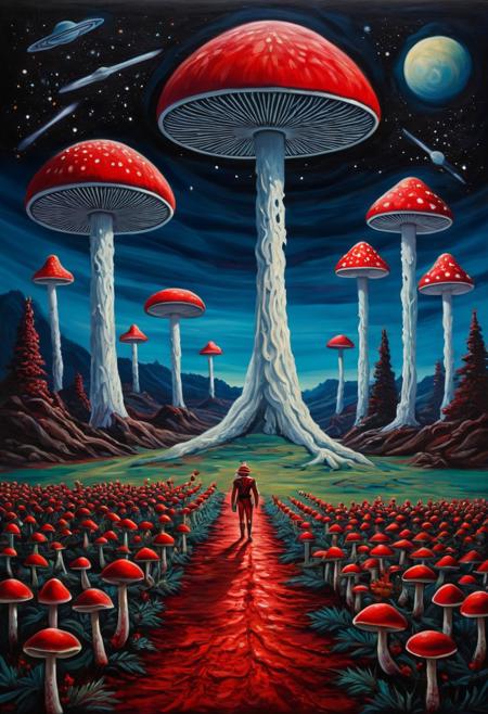 The extraterrestrial mushrooms field at the cosmic valleys of doom under Saturn shadow of blood, oil painting, horror, nutcracker, christmas