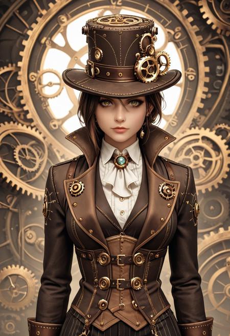 novuschroma54 style, masterpiece, detailed, a gorilla wearing a steampunk outfit with top hat and formal suit, covered in gears and clockwork