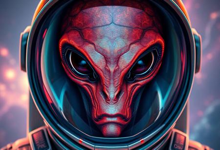 Create a stunning, iridescent, and highly detailed 8K image of a fusion between an astronaut and a Buizel, with a perfectly symmetrical alien face, incorporating elements of Pixar and Disney animation, and the styles of Alphonse Mucha and Frank Frazetta. Include intricate details such as veins, micro details, and lifelike textures. The image should be a masterpiece with a dramatic and surreal atmosphere, inspired by the phrase 'to infinity and beyond.' Incorporate neon wiring and silver filigree, and render it in Octane Render with cinematic quality.