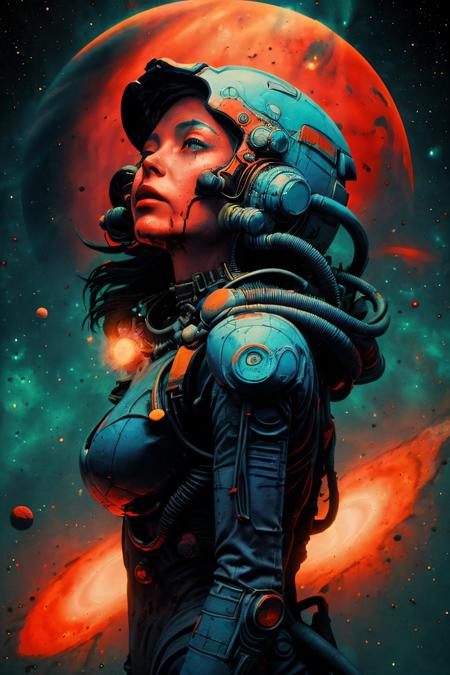 retroart style,sci-fi, high-tech, epic scene, moody statuesque woman, (busty:1.1), detailliert face, (dark grey skin), stunning beauty, (long shot:1.7), (blue and orange biomechanical suit with helmet), looking up, (ancient alien ruins in backround), evil mystic, glowing particles, (with many sparkling particles floating around), smoke, (beautiful cosmic background full of planets and blood nebula:1.3), misty,  (highest quality), (ultra detailed), (cinematic lighting), sharp focus, photorealistic, smooth shading, artwork,  <lora:add_detail:1>  <lora:detailed_notrigger:1>  <lora:Blanche:1>  <lora:Retro_Anime:0.5>