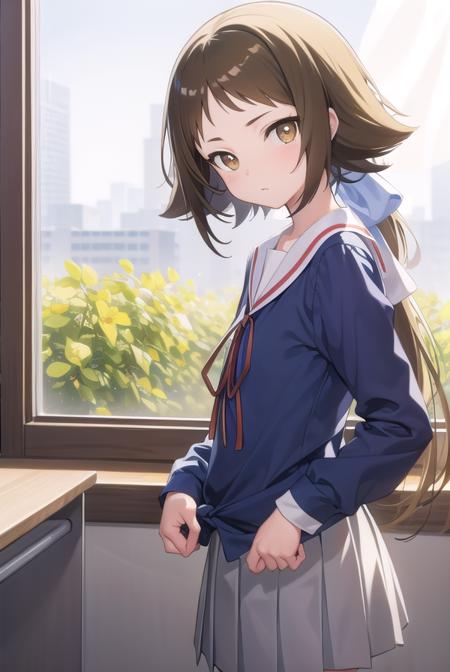 mashiromitsumine, <lora:mashiromitsumine-lora-nochekaiser:1>,
mashiro mitsumine, (brown eyes:1.5), brown hair, ponytail, (flat chest:1.2),
BREAK grey skirt, long sleeves, neck ribbon, red ribbon, ribbon, sailor collar, school uniform, skirt, white sailor collar, (blue shirt:1.5),
BREAK looking at viewer, full body,
BREAK indoors, classroom,
BREAK <lyco:GoodHands-beta2:1>, (masterpiece:1.2), best quality, high resolution, unity 8k wallpaper, (illustration:0.8), (beautiful detailed eyes:1.6), extremely detailed face, perfect lighting, extremely detailed CG, (perfect hands, perfect anatomy),