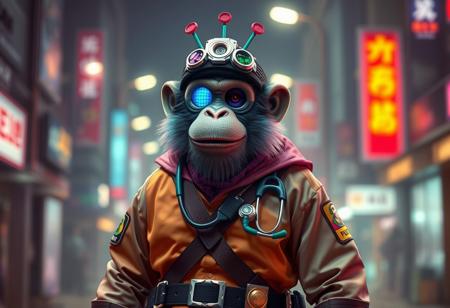 Create a hyper-realistic, full-body artwork of the Cyber Laser monkey king, inspired by Sheng Mao and Heonhwa Choe, with a focus on vibrant colors, smooth gradients, and high contrast. The character should be set against an Earthbound Release background with street lighting. Include a wide belt and a stethoscope as key details. The artwork should adhere to the golden ratio and feature intricate, detailed textures. Use Unreal Engine 5, Octane Render, or Redshift render to achieve a photorealistic quality. The final image should be 8K resolution, with a clear, sharp focus and dramatic lighting. Incorporate a sense of urban patrol, with the character exuding a playful and cheerful demeanor.