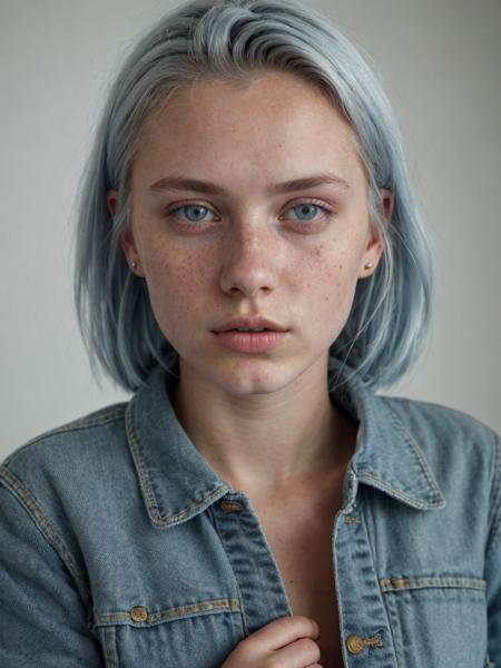 portrait of a 20 year old swedish girl with platine hair, denim jacket, clear blue eyes, soft light, seductive look, freckles, goosebumps, hard shadows