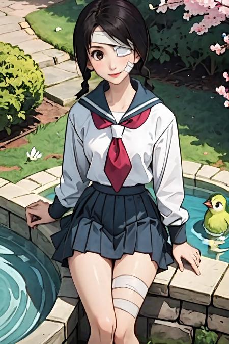 (masterpiece),(best quality), <lora:KobushiAbiru:0.8>, 1girl, Abiru, bandage over one eye, bandages,twin braids, school uniform, blue skirt, natural park, sakura,  fountain, birds,  happy, blush, beautiful sunlight, (bird's eye view:1.2)