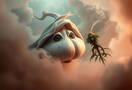 Picture an otherworldly scene: an alien garlic bulb floats in a swirling, surreal fog, cloaked in a windswept shroud, locking its gaze directly at the viewer. Nearby, a laid-back, anthropomorphic weed bud leans in, exhaling smoky tendrils that blend into the swirling garlic imagery around them. The image feels like an award-winning photograph, every detail intricate and high-res. Captured with the nostalgic grain of 35mm film, the scene has a vignette, grainy texture, and Kodachrome tones that evoke a dreamlike, Lomography-inspired mood.