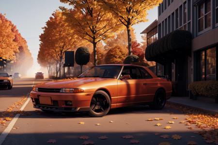 SKYLINER32, sports car parked on a street covered with leaves in autumn in a (city:1.3), fall, global illumination, volumetric lighting, best quality, highly detailed, cgi, illustration, octane render,  <lora:SKYLINER32:0.6>