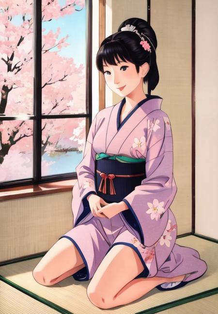 <lora:Shunga:1.0>, 1girl, solo, traditional japanse clothes, kneeling, smile, indoor, Cherry blossoms,