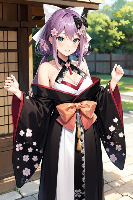 aaritsuki, low twintails, hair ornament, hair bow, white bow, hair flower, halterneck, cleavage, off shoulder, japanese clothes, black kimono, long sleeves, wide sleeves, bridal gauntlets, floral print