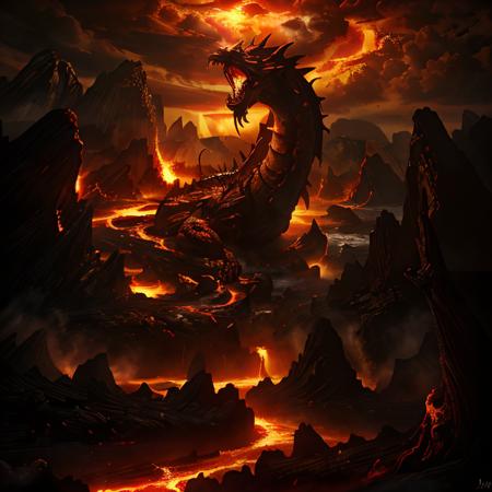 (masterpiece:1.2), (best quality,:1.2), 8k, HDR, ultra detailed, ((photorealistic)), professional light, cinematic lighting, fashion photography, ambient lighting, atmospheric effects, a fiery dragon emerging from a huge lake of lava, <lora:RealmsOfFire-10:1>, epiCPhoto