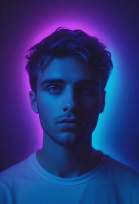 Young man, moody, slightly dark, gradient, artsy, pop album cover shot, graphic design background, ethereal glow surrounds his head, mystic shine, blue purple neon lights