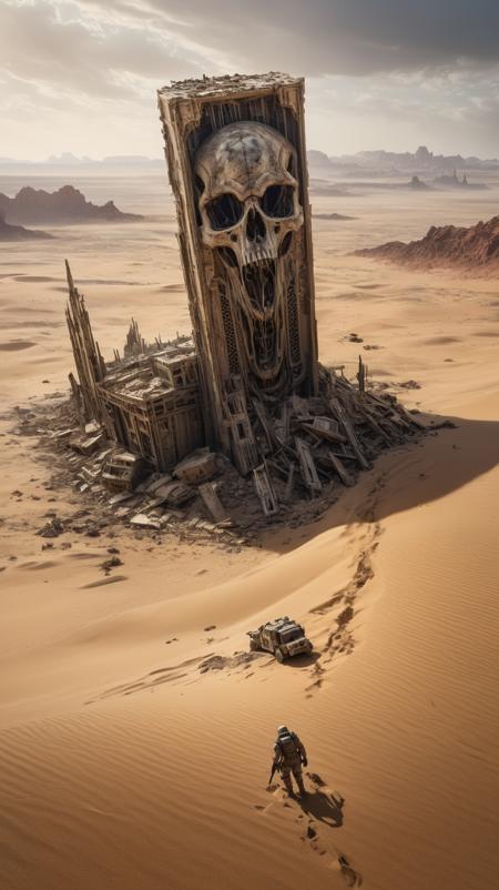 Imagine a deeply desolate post-apocalyptic landscape where no buildings stand intact,only scattered fragments and debris litter a vast sandy expanse. In the foreground,a lone survivor,viewed from the back and clad in scavenged armor,treks resolutely through this barren wasteland. Alien plant species,bizarre and vibrant,sprout from the sands,Adding eerie life to the deterioration The background is filled with the runs of civilization â  Crumbled pieces of once great cities Above,the sky swirls chaotically,reflecting the turmoil of this transformed world,enhancing the sense of desolation and survival. Photorealistic,Cinematic,cinematic,high quality,