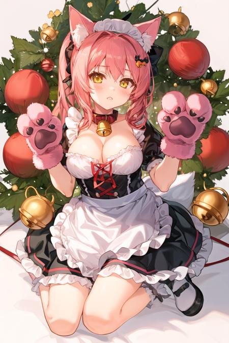 <lora:trnyteal:1>1girl, breasts, solo, tail, bell, cleavage, collar, apron, gloves, blush, ponytail, bow, ribbon, bangs, sidelocks, animal ears, fox ears, animal hands, pink hair, fox tail, neck bell, large breasts, looking at viewer, white background, long hair, simple background, paw gloves, yellow eyes, jingle bell, maid headdress, animal ear fluff, fox girl, hair ornament, hair bow, cat paws, red bow, hair ribbon, cat hair ornament, paw shoes