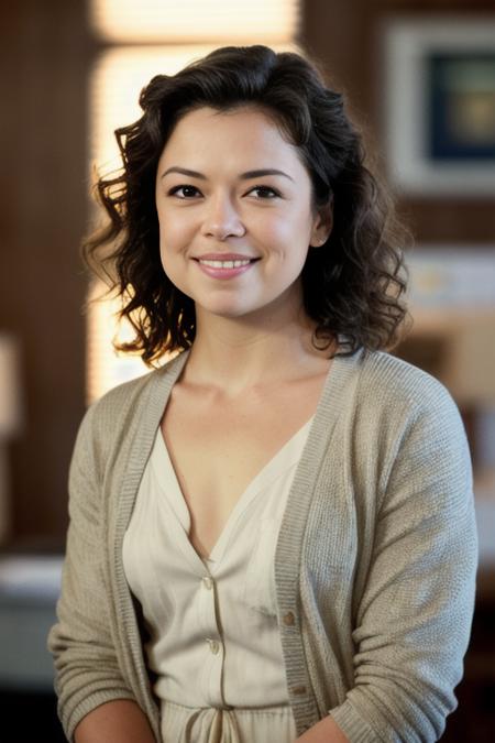photo of TatianaMaslany2, looking at the camera, simple background, , detailed face, smile, intricate, soft lighting, masterpiece, beautiful,