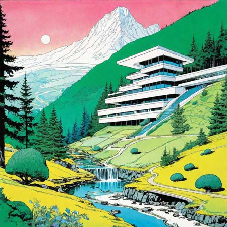 (color ink painting moebius, comic book style), lush alpine valley, fir forest, waterfall, futuristic villa, Andrew Lloyd Webber