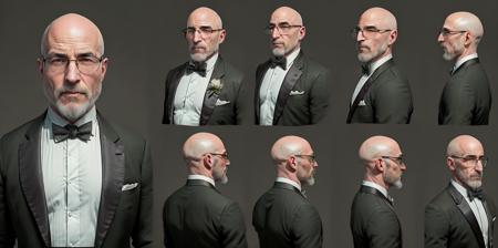 Character turnaround of bald man wearing glasses. MortNobody15  CharTurnerv2 . classic black tuxedo with long sleeves and a bow tie. photorealistic, RAW photo, 4k, studio lighting, head shots,