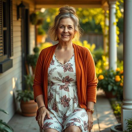 masterpiece portrait of a relaxed mature woman::1.4, Norman Rockwell style::1.2, realistic impressionist art::1.1,
(physical description: full body shot, PLUMP build with soft curves PROTRUDING BELLY, fair skin with a gentle glow, casual posture:1.1)
(facial features, expression: serene and content expression, gentle lines around the eyes, MESSY BUN WITHwispy strands of hair framing the face:1.0)
(clothing details: breezy knee-length dress with light-colored base and darker botanical or floral pattern, paired with a rust-colored open-front cardigan:1.0)
(accessories:((BAREFOOT, THICK BRASS STRAP ANKLETS:09))(, simple stud earrings or no jewelry, understated natural styling:0.9)
(background setting: sunlit cottage garden path or cozy front porch with greenery and warm textures:0.9)
(lighting style: soft golden hour light, diffused natural sunlight with warm highlights:0.8)
(composition and camera framing: full body centered shot, eye-level angle, gently candid moment mid-step or adjusting cardigan:1.0)
(emotional tone or theme: relaxed domestic elegance, warm weather comfort, tranquil and familiar atmosphere:0.9)
(technical execution: soft painterly textures, focus on fabric movement and natural lighting interplay, lifelike color rendering:0.8) HER ANKLE IS CHAINED TO THE PORCH, 3D isometric render
