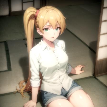 <lora:kirei_shinobi_v1(outall_resize-sv5):1> kirei_olis, 1girl, solo, long hair, blonde hair, side ponytail, green eyes, orange scrunchie, white shirt, blue shorts, looking at viewer
BREAK
indoors, sliding doors, tatami