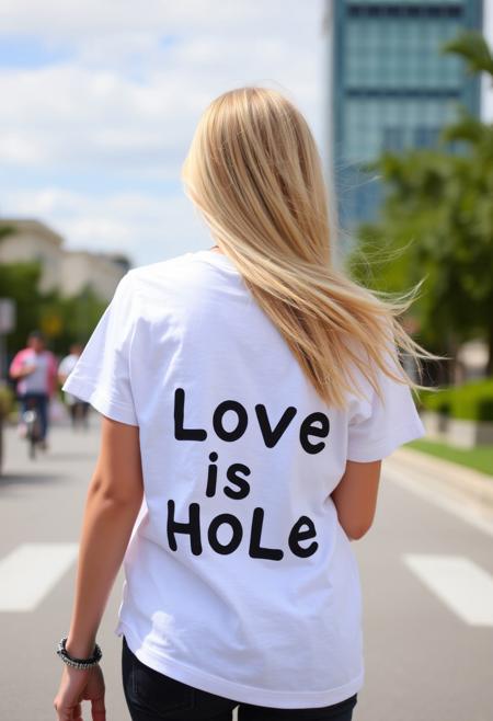 beautiful blonde girl walking in the street with a white shirt that says "Love is Hole" where the letters o is replaced by a heart