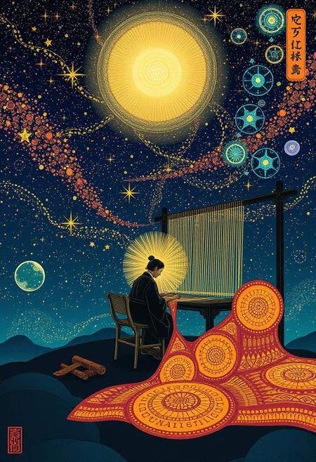 Create a surreal, dreamlike scene of a figure sitting at a loom, weaving a tapestry of stars and galaxies. The figure is surrounded by a halo of soft, pulsing light, and the loom is adorned with intricate, glowing patterns that seem to shift and change as the figure weaves. The art style is a fusion of traditional Japanese ukiyo-e woodblock prints and modern digital art, with bold, flat colors and intricate, detailed patterns. Style: ukiyo-e, digital, surreal. Colors: bold, flat, glowing. Highest-Quality, 4k, Masterpiece