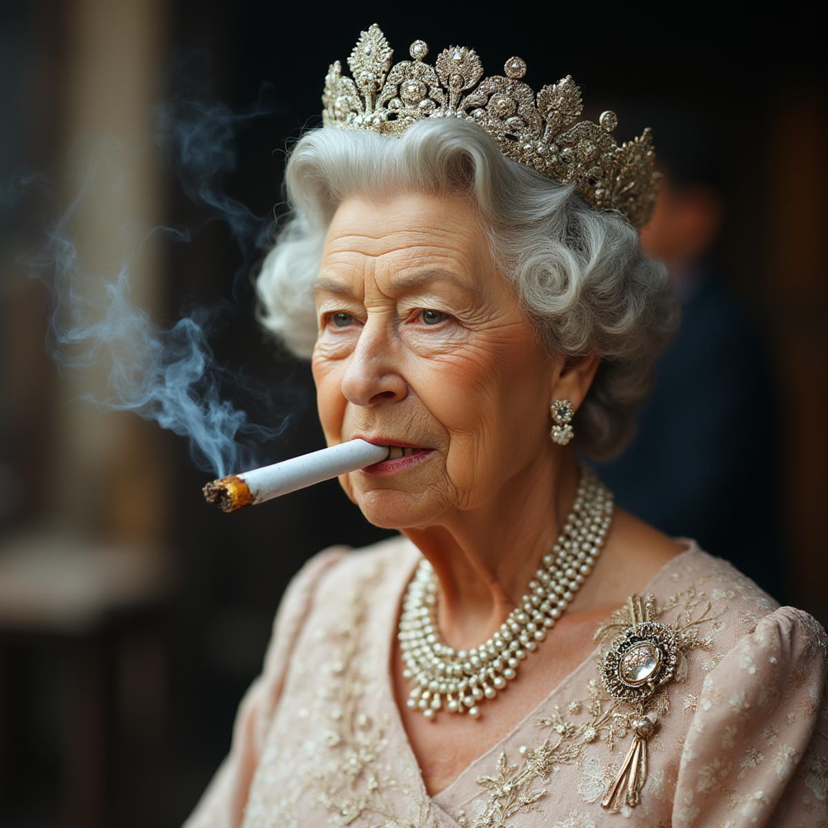 A realistic scene of Queen Elizabeth II smoking a large hand-rolled cigarette. The setting includes her in a relaxed pose, possibly in a traditional or outdoor environment, with the emphasis on the cigarette. Captured in a realistic photographic style, 50mm lens, high resolution, natural lighting.
