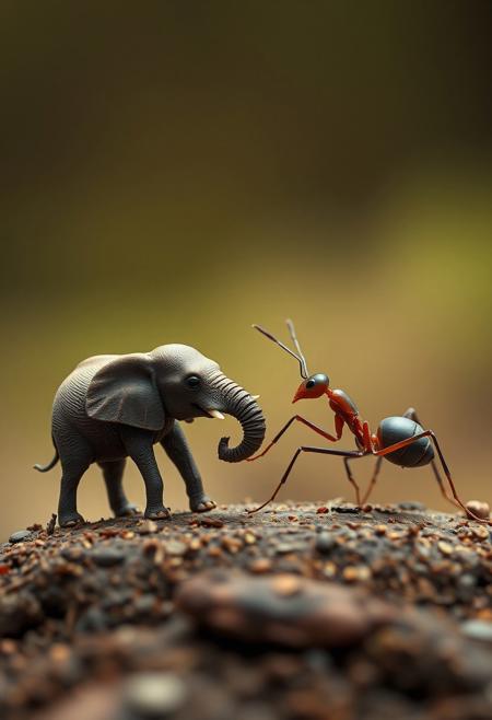 very microscopic elephant and a giant very big ant  talking to each other. The ant, proud of its size, sneers at the small and defenseless elephant. Inverted fable of the elephant and the ant. savannah