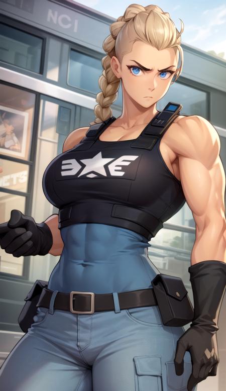 masterpiece, best quality, 1girl, solo, mature female, detailed face, detailed eyes, intricate details, braid, policewoman, gloves, looking at viewer, furious, muscular female, broad shoulders, ((cartoon)), ((realistic))