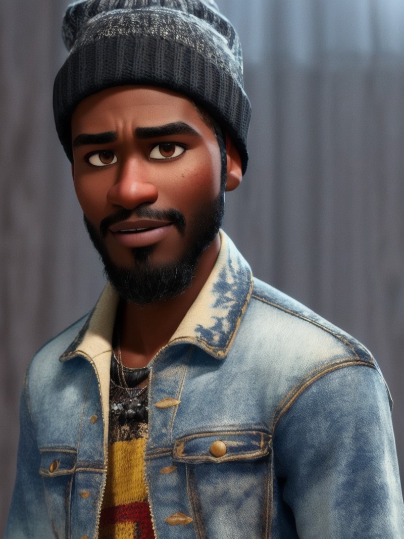 (pixarstyle) a waist-length portrait of a black guy with curtain bangs, jean jacket, small beanie hat, natural skin textur...