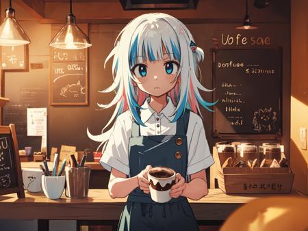 1girl, gawr gura, detailed eyes, coffee shop, portrait, buttons, white shirt, collared shirt, black pants, volumetric lighting, colorful, cute