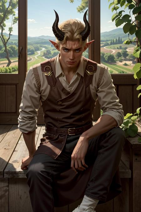 BGDammon, 1boy, short hair, blonde hair, blue eyes, horns