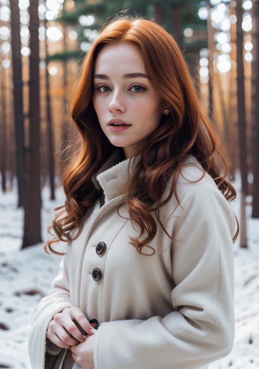 A woman with red hair wearing a tan coat.