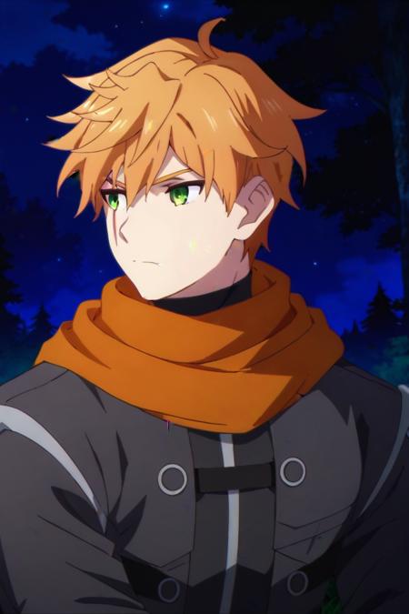 Roi, orange hair, green eyes, scar on face,