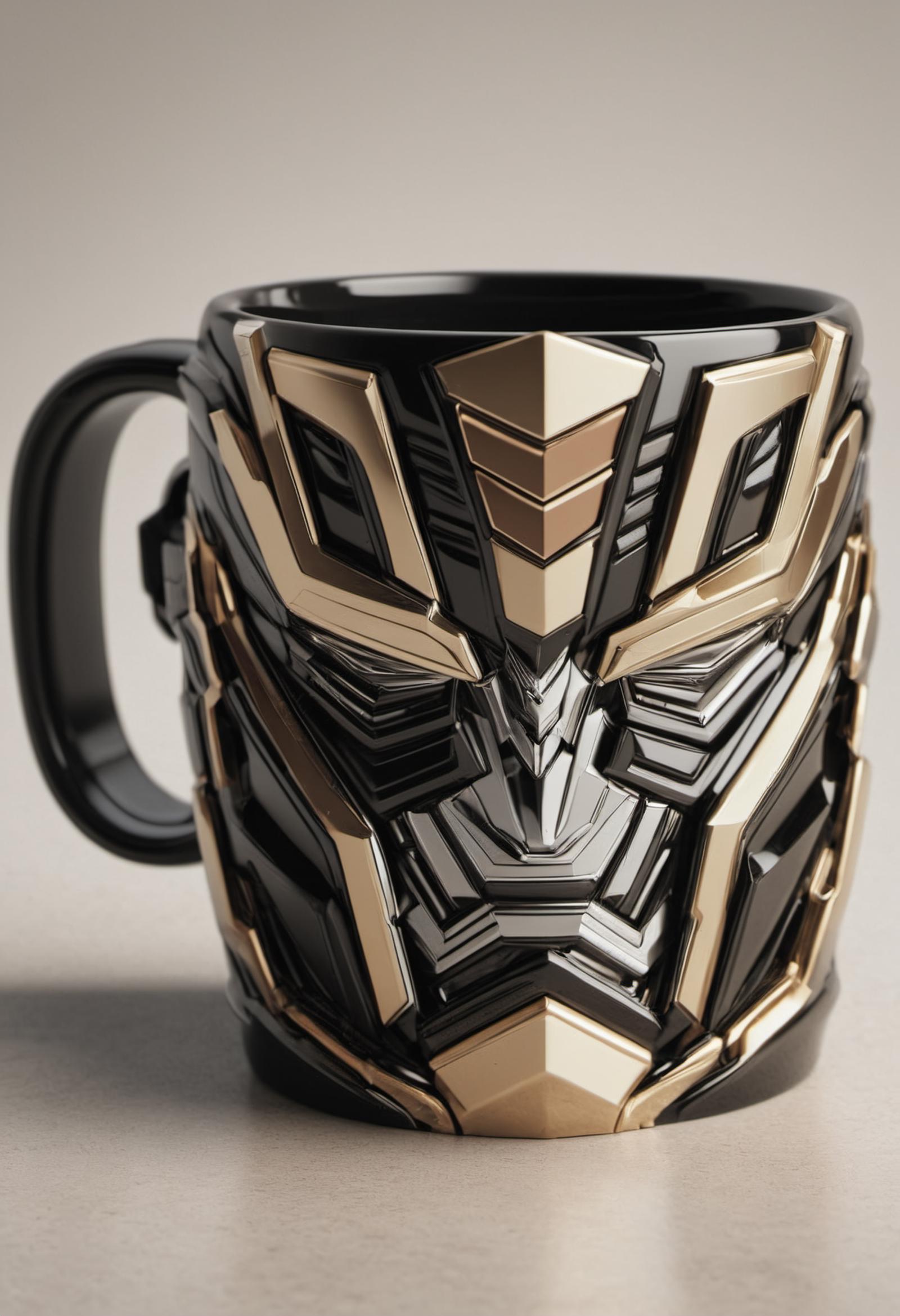 A Black, Gold and White Coffee Mug with a Robotic Face Design