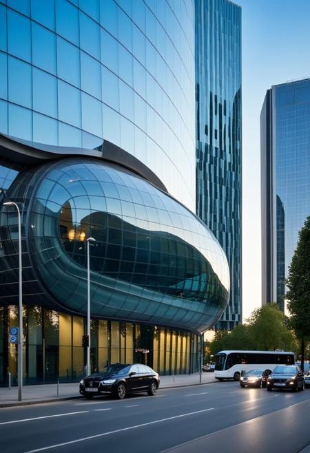 <lora:YourBlobitecture_XL:1> , ((blobitecture)), ((masterpiece)), ((best quality)), scenery, outdoors, sky, building, day, tree, city, real world location, road, motor vehicle, lamppost, window, reflection, curvy, curtain wall, glass,, photography, capturing moments, storytelling, creative composition, circle,