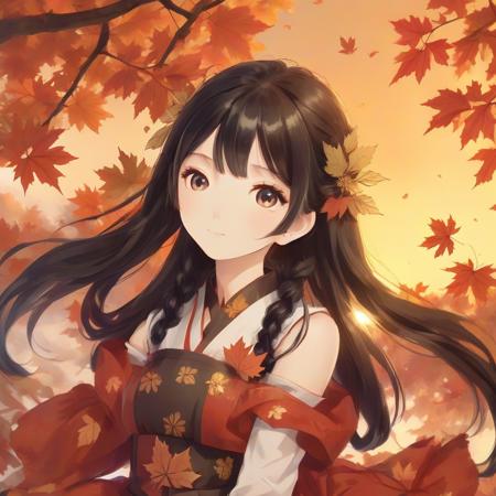 (((sunset))), flat color, Golden ratio, masterpiece:1.5, extremely detailed CG unity 8k wallpaper:1.5, Grim expression:1.2, 1girls:2, full body:1.8, cry, smile:1.8, The wind blows the maple leaves, extremely detailed maple leaf, extremely detailed eyes:1.5, extremely beautiful detailed anime face:1.5, black hair, cute animal face:1.5, extremely delicate and beautiful girls:1.4, blue eyes,glowing eyes, blank stare:1.5, backlight:2, body is turning into maple leaves, flowing maple leaf background:1.4, depth of field:2, Red light, extremely detailed sky, clothes with maple leaf, Maple tree background:1.5, body with maple leaf , floating hair with maple leaf, looking at viewer, maple leaf forground, hair with maple leaf, flowing hair:1.2, The picture fills the canvas, flowing:1.2, dynamic angle