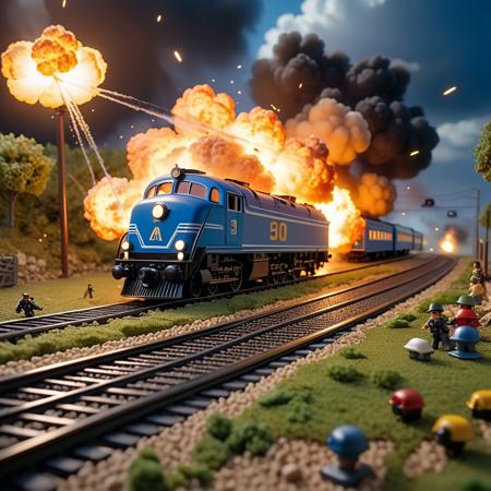 A model train set transformed into a high-speed chase scene, with tiny action figures and explosions, intense lighting, shot on Mamiya 7 II with Mamiya Sekor C 80mm f/1.9 lens, highly detailed, dynamic, cinematic.