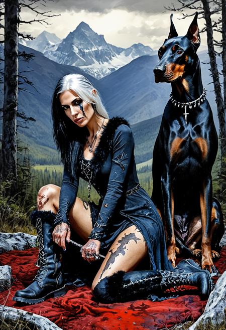 watercolor painting breathtaking detailed, masterpiece, absurdres, awe-inspiring, best quality, vibrant colors, nbn-hel, beautiful woman, full body, left white, looking at viewer, right black, decay marks, white hair left side, black hair right side, black and white dress, runes, fur boots, kneeling in a forest glade, lying next to her is Dober her dog. Garmr, doberman, menacing, bloody, mountains in background . vibrant, beautiful, painterly, detailed, textural, artistic