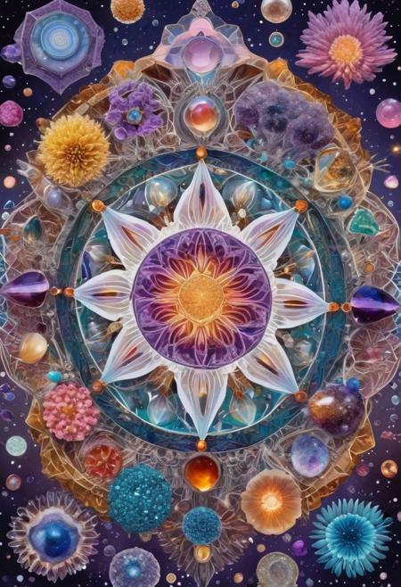 occult microverse inside sacred geometry transluscent glass crystal, subatomic protozoa, amoebae,  gemstones, cosmic containment, surreal, bismuth, dandelionwanderer, agate slices, amethyst geodes, flowervirus, ArtNouveauAI, concept art, complex composition, vibrant colors, <lora:flowervirus:0.7> <lora:Occult_Geometry:0.3> <lora:microverse_creator:0.5> <lora:ArtNouveauAI:0.4>, intricate indian style details,