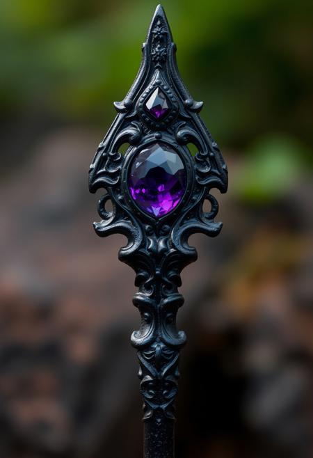A Highly Detailed Ancient  Black Scary Looking Scepter With A Dark Purple Gem embedded in it