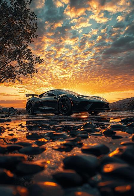 An atmospheric rendering of a black sports car parked on wet ground with rocks and puddles, set against a stunning sunset sky. The sun is low and bright, its rays extending through a sky filled with dramatic, textured clouds painted in hues of orange, yellow, and grey. Trees with detailed leaves frame the view, their shapes adding to the natural setting. The wet surface of the ground creates numerous reflections, mirroring the vibrant colors of the sky, the sun's light, and the sharp lines of the sports car. These reflections add a layer of visual interest and enhance the sense of depth and realism. The image is created with high detail and realistic lighting, capturing the beauty of the golden hour and the dynamic interaction between the modern vehicle and the rugged, natural environment.