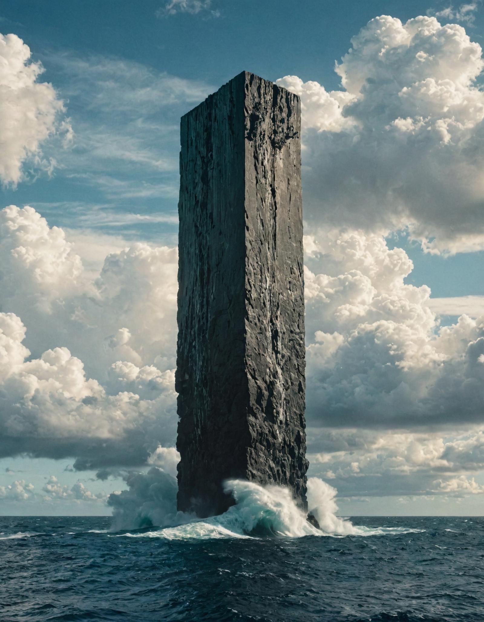 A tall rocky structure towering over the ocean with waves crashing around it.