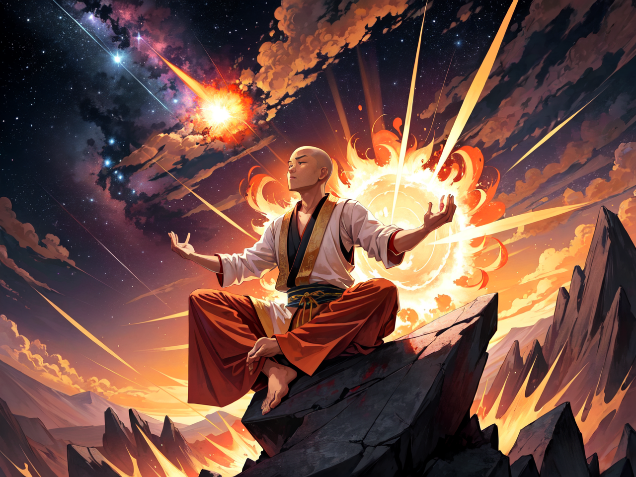 A Shaolin Monk meditates at the base of a mountain, the sky a blood-red hue. Suddenly, a meteor falls from the heavens and...