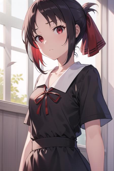 kaguyashinomiya, <lora:kaguyashinomiyatest:1>,
kaguya shinomiya, folded ponytail, forehead, hair ribbon, (red eyes:1.5), red ribbon, ribbon, short hair, sidelocks, (small breast:1.2),
BREAK black dress, dress, pinafore dress, school uniform, shirt, short sleeves, shuuchiin academy school uniform, white shirt,
BREAK looking at viewer,
BREAK indoors, classroom,
BREAK <lora:GoodHands-vanilla:1>, (masterpiece:1.2), best quality, high resolution, unity 8k wallpaper, (illustration:0.8), (beautiful detailed eyes:1.6), extremely detailed face, perfect lighting, extremely detailed CG, (perfect hands, perfect anatomy),