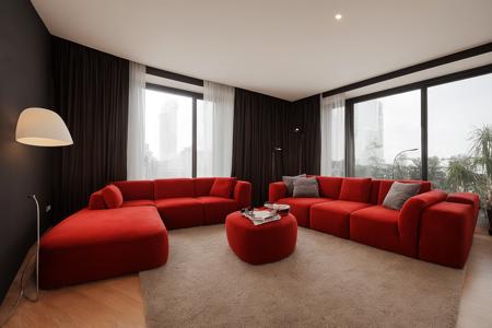 Mr_MC_HomeV1,HD photography,Home space,rug,Interior lighting,<lora:Mr_MC_HomeV1:0.5>,1 red sofa chair,