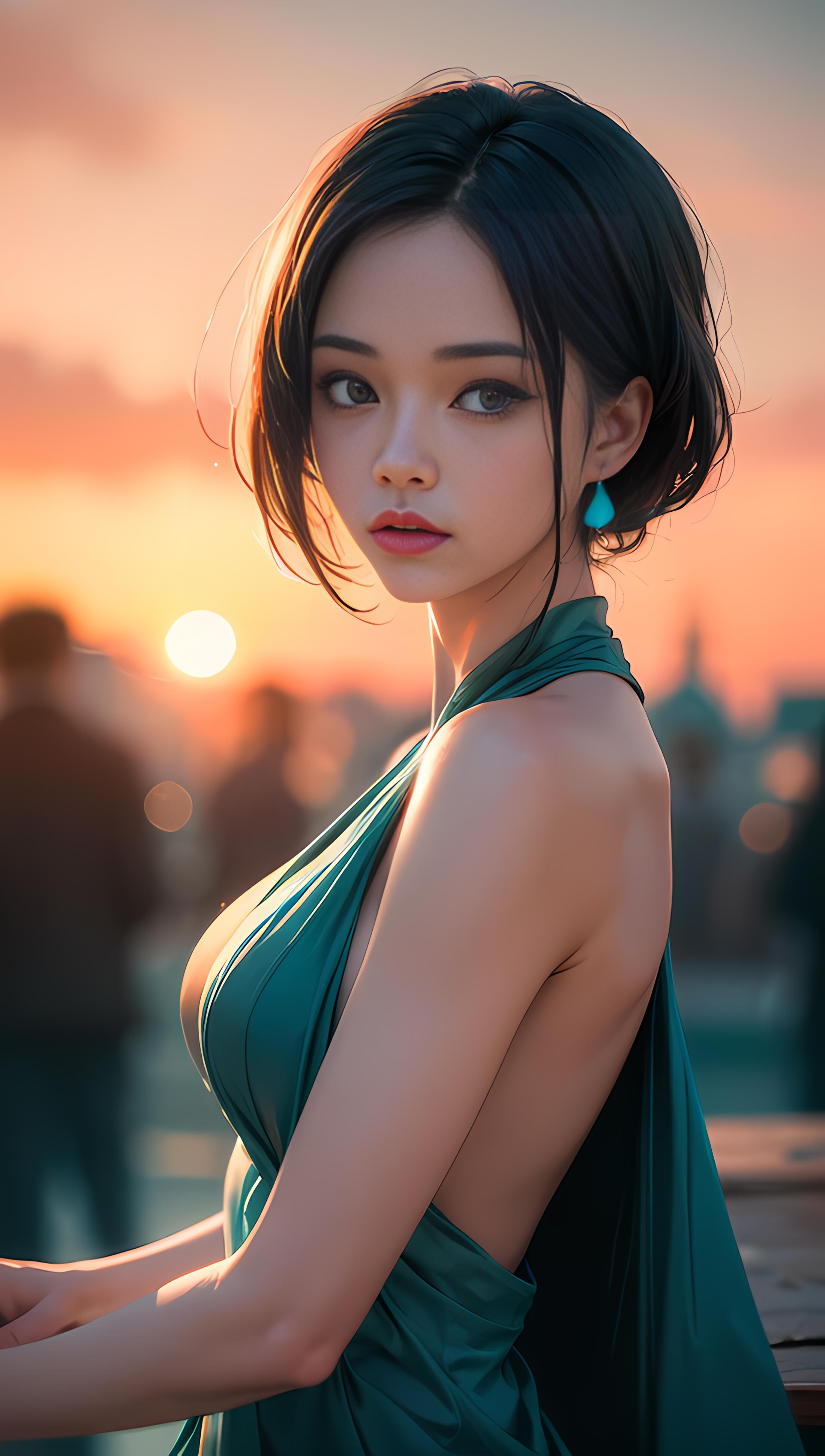 A beautiful young woman with long black hair and a green dress, posing for the camera.