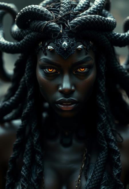 Modern, 2020s, detailed cinematic shot from, realistic cinematic scene, dark brown black woman portrays Medusa, the gorgon woman with writhing snake hair, full lips glowing yellow eyes, no pupils, Intricate, Sharp focus, Highly detailed, Fantasy, Dark lighting, ominous mood., realistic Medusa high saturation, Bright, Vibrant, full of action, Very stylish, far shot,  full body, showing detailed intricate work, shot in the style of  wes anderson and stephen king, oscar winning photography, striking image captures, meticulous attention, stunning costume design