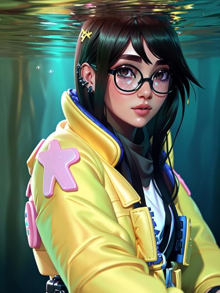 A stunningly realistic portrait of kljy, yellow jacket,  in a dreamy underwater scene, featuring intricate details and soft lighting, done in the digital painting style of Ilya Kuvshinov, Michael Garmash, and Kentar Miura.