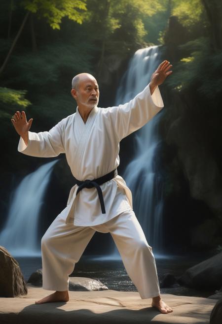 a man 50 year old zen caucasien practicing tai chi, wearing a judogi, sunny exterior, forest and waterfall background,16k, masterpiece, highly detailed photo-realistic oil painting by Greg Rutowski, cinematic lighting